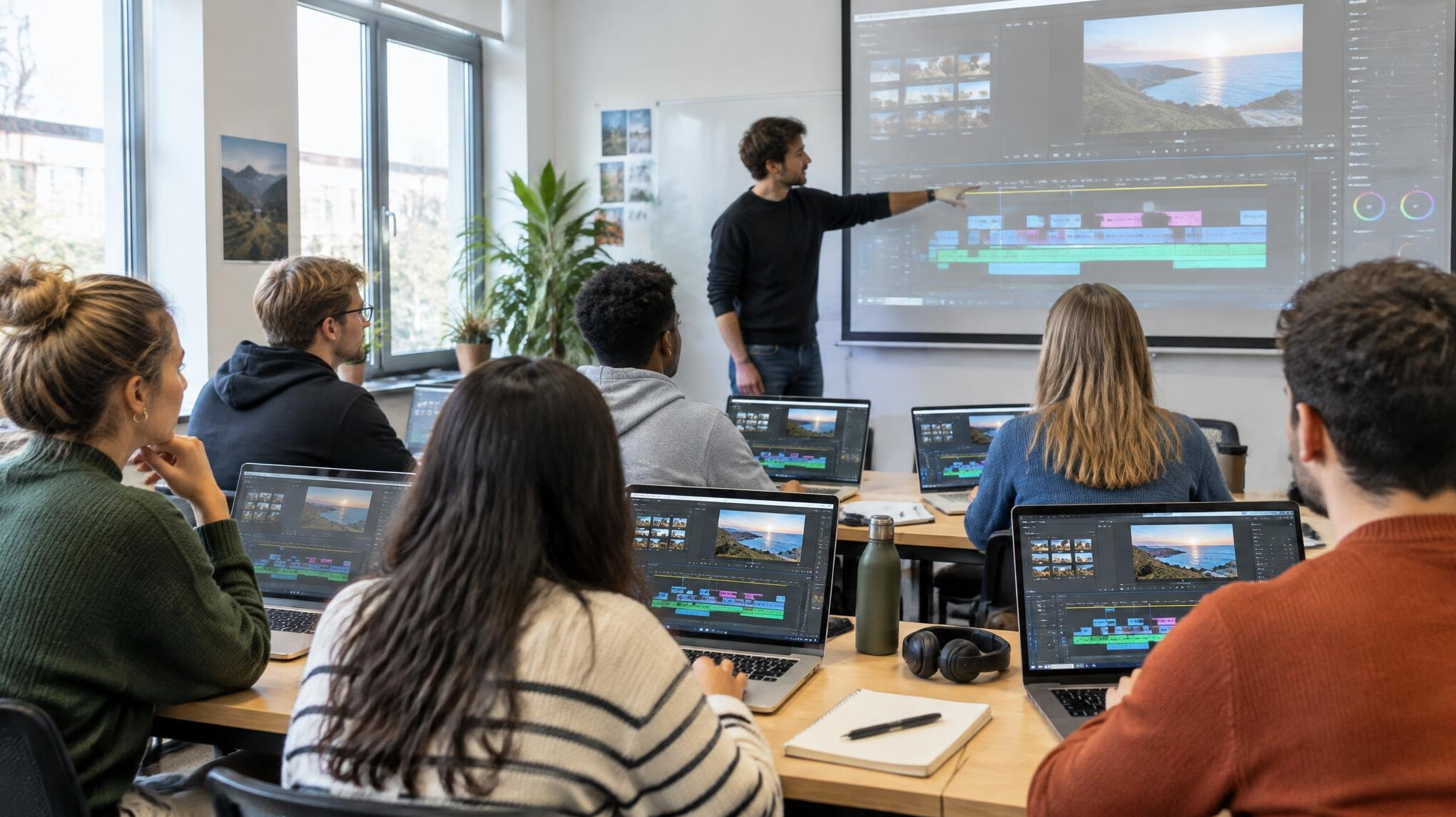 Group of students learning video editing in a classroom workshop